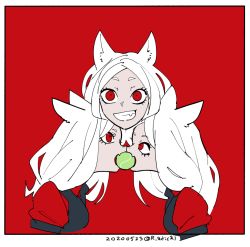 Rule 34 | 3girls, animal ears, ball, breasts, cerberus (helltaker), dog ears, dog girl, fang, grin, helltaker, in mouth, long hair, looking at viewer, mado (mukade tou), multiple girls, open mouth, parted bangs, red background, red eyes, smile, teeth, tennis ball, vest, waistcoat, white hair