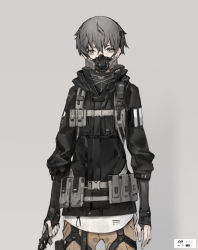Rule 34 | ambiguous gender, androgynous, cowboy shot, dagger, gas mask, gender request, grey background, grey eyes, grey hair, hair between eyes, holding, holding weapon, jacket, knife, load bearing equipment, looking at viewer, mask, neco, original, pants, short hair, simple background, solo, standing, weapon