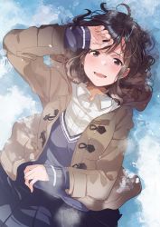 Rule 34 | 1girl, asymmetrical bangs, blue cardigan, blush, brown coat, brown eyes, brown hair, cardigan, coat, fly (marguerite), food, hand on forehead, kimi no wasurekata o oshiete, looking at viewer, lying, novel illustration, official art, open mouth, pleated skirt, shirt, short hair, skirt, smile, snow, solo, white shirt, wing collar