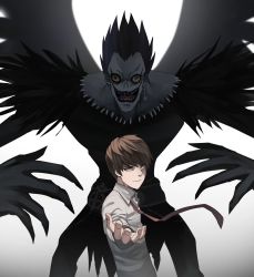 Rule 34 | 2boys, brown hair, closed mouth, collared shirt, death note, evil smile, highres, jourd4n, looking at viewer, male focus, multiple boys, necktie, open mouth, outstretched arm, ryuk, shirt, short hair, smile, upper body, white shirt, wing collar, yagami light