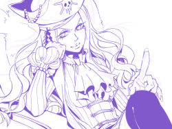 Rule 34 | 1girl, bracelet, cheese neko3, ascot, female focus, hat, jewelry, long hair, looking at viewer, marineford, monochrome, one piece, outline, pinstripe pattern, pirate, sitting, solo, striped, tricorne, whitey bay
