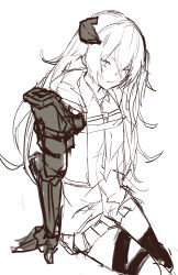 1girl, absurdres, bangs, black legwear, closed mouth, eyebrows visible through hair, ff frbb122, girls frontline, greyscale, highres, jacket, long hair, looking at viewer, mechanical arms, monochrome, one eye closed, open clothes, open jacket, scar, scar across eye, shirt, single mechanical arm, single thighhigh, sitting, skirt, solo, thighhighs, ump45 (girls frontline), white background