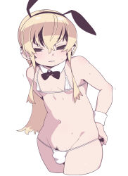 Rule 34 | 1boy, animal ears, arms behind back, bikini, blonde hair, bow, bowtie, bulge, character request, commentary request, copyright request, covered erect nipples, cowboy shot, cropped legs, crossdressing, detached collar, earrings, fake animal ears, hair between eyes, hairband, highres, jaggy lines, jewelry, long hair, looking at viewer, micro bikini, mole, mole under mouth, navel, omiya (louise-louis-lucille), parted lips, pubic hair, pubic hair peek, rabbit ears, simple background, solo, stud earrings, sweat, swimsuit, thick thighs, thighs, trap, tsurime, white background, white bikini, wrist cuffs