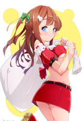 Rule 34 | .live, 1girl, absurdres, belt, black belt, blue eyes, blush stickers, bow, breasts, brown hair, cape, christmas, closed mouth, commentary, crop top, from side, green bow, hair bow, highres, holding, holding sack, kakyouin chieri, kia 0088, leg up, long hair, looking at viewer, medium breasts, midriff, miniskirt, off-shoulder shirt, off shoulder, over shoulder, pink pupils, red footwear, red shirt, red skirt, sack, santa costume, shirt, shoes, short sleeves, skirt, smile, solo, standing, symbol-shaped pupils, two-sided cape, two-sided fabric, underboob, virtual youtuber