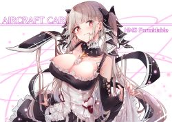 Rule 34 | 1girl, absurdres, azur lane, bare shoulders, between breasts, black dress, blush, breasts, character name, cleavage, dress, earrings, flight deck, formidable (azur lane), frilled dress, frills, grey hair, hair in own mouth, hair ribbon, hakuya (white night), highres, jewelry, large breasts, long hair, long sleeves, looking at viewer, red eyes, ribbon, rigging, skirt hold, solo, twintails, two-tone dress, two-tone ribbon, very long hair