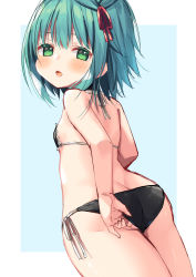 Rule 34 | 1girl, adjusting clothes, adjusting swimsuit, asa no ha (awayuki), ass, bikini, black bikini, blue background, blush, breasts, butt crack, from behind, green eyes, green hair, highres, looking back, maid, maid bikini, open mouth, original, short hair, side-tie bikini bottom, simple background, small breasts, solo, swimsuit, thighs, unconventional maid