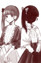 Rule 34 | 2girls, apron, ascot, blunt bangs, brooch, butterfly hair ornament, capelet, cosplay, cowboy shot, facing viewer, hair ornament, hair ribbon, highres, jewelry, kimetsu no yaiba, lace trim, living doll uniform, long sleeves, looking at viewer, monochrome, multiple girls, one side up, own hands together, parody, puffy sleeves, ribbon, shadow (shadows house), shadows house, side-by-side, simple background, sketch, skirt, sleeves past elbows, symmetrical pose, tsuyuri kanao, uniform, yuzu collar