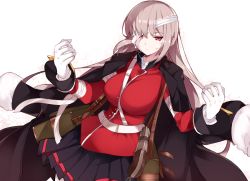 Rule 34 | 1girl, bandage over one eye, belt, black jacket, black skirt, breasts, carrying, closed mouth, cuts, expressionless, fate/grand order, fate (series), florence nightingale (fate), florence nightingale (third ascension) (fate), gloves, hair down, haruyuki (yukichasoba), injury, jacket, jacket on shoulders, large breasts, long hair, long sleeves, looking at viewer, military, military uniform, pink hair, pleated skirt, red eyes, shoulder carry, skirt, solo, uniform, white background, white gloves
