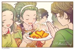 Rule 34 | 1boy, 4girls, apron, b4 bababibe, border, closed eyes, english text, food, giving, green hair, hair pulled back, headband, heart, highres, holding, holding food, idolmaster, idolmaster side-m, mitarai shouta, mother&#039;s day, mother and son, multiple girls, omelet, omurice, own hands together, smile
