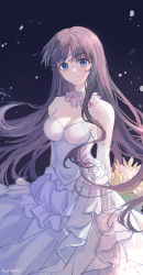 Rule 34 | 1girl, absurdres, blue eyes, blush, breasts, closed mouth, collar, dress, elbow gloves, flower, frilled collar, frilled dress, frills, gloves, highres, large breasts, lixiang guo alice, long hair, looking at viewer, purple hair, smile, solo, strapless, strapless dress, touma kazusa, white album (series), white album 2, white dress, white flower, white gloves