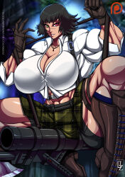 Rule 34 | 1girl, absurdres, boots, breasts, capcom, cleavage, devil may cry, devil may cry (series), devil may cry 3, female focus, gloves, heterochromia, highres, huge breasts, jewelry, knee boots, lady (devil may cry), looking at viewer, muscular, muscular female, necklace, osmar-shotgun, rocket launcher, scar, scar on face, scar on nose, short hair, solo, thick thighs, thighs, weapon