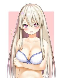 1girl bare_arms bare_shoulders blonde_hair blush bra breast_hold breasts cleavage collarbone dairininn flying_sweatdrops highres holding_own_arm large_breasts long_hair looking_at_viewer navel open_mouth original raised_eyebrows red_eyes solo underwear upper_body white_bra