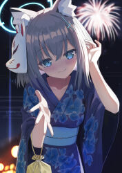 Rule 34 | 1girl, absurdres, animal ear fluff, animal ears, blue archive, blue eyes, blue halo, blue kimono, blush, closed mouth, commission, cpk prd, extra ears, fox mask, grey hair, hair between eyes, halo, highres, japanese clothes, kimono, looking at viewer, mask, mask on head, medium hair, mismatched pupils, obi, pixiv commission, sash, shiroko (blue archive), short sleeves, smile, solo, wide sleeves, wolf ears