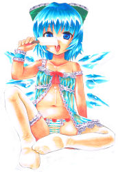 Rule 34 | 1girl, babydoll, bad id, bad pixiv id, blue eyes, blue hair, bow, cirno, feet, female focus, flat chest, food, full body, hair bow, kidanieru, lingerie, marker (medium), matching hair/eyes, panties, popsicle, short hair, solo, striped clothes, striped panties, thighhighs, touhou, traditional media, underwear, white background, wings, wrist cuffs