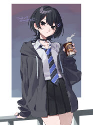 Rule 34 | 1girl, :&lt;, absurdres, against railing, arm at side, arm rest, bangs pinned back, black choker, black eyes, black hair, black jacket, black necktie, black skirt, blue background, blue necktie, blush, can, canned coffee, choker, closed mouth, collarbone, collared shirt, cowboy shot, drawstring, drink, drink can, earrings, hair between eyes, hair ornament, hairpin, high-waist skirt, highres, holding, holding drink, hood, hood down, hooded jacket, jacket, jewelry, legs together, looking at viewer, medium hair, miniskirt, nail polish, necktie, open clothes, open jacket, original, pleated skirt, purple nails, railing, school uniform, shirt, shirt tucked in, sidelocks, skirt, solo, striped necktie, temu (tem27), thank you, twitter username, two-tone background, two-tone necktie, white background, white shirt, wolf cut