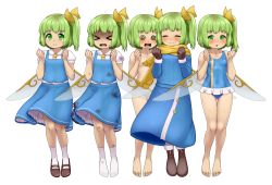 Rule 34 | &gt; &lt;, 1girl, @ @, adapted costume, barefoot, blue dress, blush, bow, breasts, brown footwear, burnt clothes, closed mouth, collared shirt, covered navel, d.koutya, daiyousei, dress, fairy wings, gloves, green eyes, green hair, hair bow, hair ribbon, highres, leotard, long dress, long skirt, medium skirt, microskirt, multiple persona, neck ribbon, no shoes, open mouth, pinafore dress, ponytail, puffy short sleeves, puffy sleeves, ribbon, scarf, shirt, shoes, short dress, short hair, short sleeves, simple background, skirt, sleeveless dress, small breasts, socks, solo, standing, sweater, swimsuit, tachi-e, thighs, torn clothes, touhou, white background, white shirt, white socks, wings, yellow bow, yellow ribbon, yellow scarf