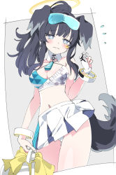 Rule 34 | 1girl, animal ears, black hair, blue archive, blush, breasts, bright pupils, cheerleader, cleavage, dog ears, dog girl, dog tail, eyewear on head, gloves, grey eyes, halo, hibiki (blue archive), hibiki (cheer squad) (blue archive), ixy, looking at viewer, medium breasts, midriff, millennium cheerleader outfit (blue archive), navel, pleated skirt, pom pom (cheerleading), ponytail, skirt, solo, star (symbol), sticker on face, tail, wavy mouth, white gloves, white pupils, white skirt
