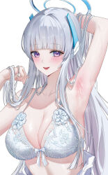 Rule 34 | 1girl, arm up, armpits, blue archive, blush, bra, breasts, cleavage, collarbone, commentary, grey hair, halo, highres, large breasts, lichiko, long hair, looking at viewer, mechanical halo, noa (blue archive), presenting armpit, purple eyes, revision, simple background, smile, solo, straight hair, underwear, upper body, very long hair, white background, white bra