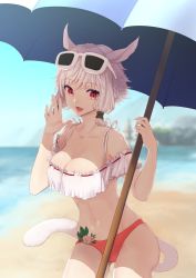 Rule 34 | 1girl, animal ears, warrior of light (ff14), beach, beach umbrella, bikini, blue sky, blurry, blurry background, breasts, cleavage, collarbone, commentary, cowboy shot, day, eyewear on head, fang, fictional persona, final fantasy, final fantasy xiv, flower, frilled bikini, frills, highres, looking at viewer, medium breasts, medium hair, miqo&#039;te, navel, ocean, open mouth, outdoors, red bikini, red eyes, shade, short twintails, silver hair, skin fang, sky, smile, solo, stomach, sunano reona, sunglasses, sunlight, swimsuit, tail, twintails, umbrella, waving, white-framed eyewear, white bikini