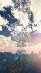 Rule 34 | artist name, blue sky, cloud, day, diffraction spikes, glowing, gradient sky, highres, mountain, no humans, orb, original, outdoors, scenery, signature, sky, sunrise, tree, waisshu (sougyokyuu)