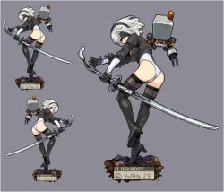 Rule 34 | 1girl, ass, black footwear, black gloves, black hairband, black thighhighs, blindfold, blue eyes, boots, breasts, character name, commentary request, covered eyes, facing viewer, from behind, full body, gloves, grey background, hairband, high heel boots, high heels, holding, holding sword, holding weapon, katana, leaning forward, leg up, leotard, long sleeves, looking at viewer, looking back, medium breasts, multiple views, nier (series), nier:automata, no blindfold, pixel art, pod (nier:automata), shirosu, short hair, silver hair, simple background, standing, standing on one leg, sword, thigh boots, thighhighs, thighhighs under boots, tiptoes, weapon, white leotard, 2b (nier:automata)
