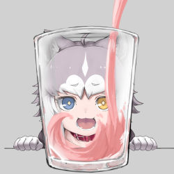 Rule 34 | 1girl, ahoge, animal ears, blue eyes, blush, brown eyes, cup, diamond-shaped pupils, diamond (shape), dog (mixed breed) (kemono friends), dog ears, drinking glass, elbow gloves, gloves, grey hair, heterochromia, kemono friends, looking at viewer, multicolored hair, nyifu, open mouth, short hair, smile, solo, symbol-shaped pupils, teeth, white gloves, white hair