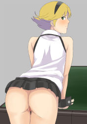 Rule 34 | 1girl, ass, bare shoulders, bent over, blonde hair, censored, clothes lift, green eyes, hair ornament, hairband, hairclip, highres, looking at viewer, looking back, miniskirt, mosaic censoring, no panties, pleated skirt, rina tachibana, short hair, simple background, skirt, skirt lift, solo, super blackjack, wrist cuffs
