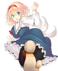 Rule 34 | 1girl, alice margatroid, aqua eyes, ass, black pantyhose, blonde hair, blush, breasts, capelet, dress, hairband, impossible clothes, large breasts, looking at viewer, looking back, open mouth, pantyhose, shoes, short hair, simple background, solo, touhou, uro (urotanc), white background