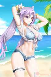 Rule 34 | 1girl, bikini, bikini under clothes, blush, breasts, flower, genshin impact, hair flower, hair ornament, highres, keqing (genshin impact), kimmy77, large breasts, long hair, looking at viewer, purple eyes, purple hair, shiny clothes, shiny skin, shirt, short shorts, shorts, smile, solo, swimsuit, thigh strap, twintails, very long hair