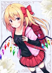 Rule 34 | 1girl, :o, alternate costume, backpack, bag, black shirt, black thighhighs, blonde hair, blue background, blue bow, blush, bow, casual, collarbone, commentary request, contemporary, crime prevention buzzer, crystal, feet out of frame, flandre scarlet, flower, hair between eyes, hair bow, highres, hood, hoodie, hyurasan, long sleeves, looking at viewer, miniskirt, parted lips, pink hoodie, pleated skirt, red bow, red eyes, red skirt, shirt, short hair, short sleeves, side ponytail, silhouette, skirt, sleeves past wrists, solo, standing, thighhighs, thighs, touhou, white flower, wings, zettai ryouiki