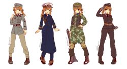 Rule 34 | 10s, 1girl, :d, ;), aiguillette, alternate costume, battle rifle, black footwear, black gloves, black necktie, black pants, black shirt, blazer, blonde hair, blue eyes, boots, brown footwear, brown pants, bsapricot, camouflage, clenched hand, closed mouth, collared shirt, commentary, cross, full body, garrison cap, gloves, grin, gun, hand on own hip, hat, helmet, highres, iron cross, jacket, kantai collection, knee pads, long hair, long sleeves, low twintails, military, military uniform, multiple views, necktie, one eye closed, open mouth, pants, peacoat, peaked cap, prinz eugen (kancolle), rifle, shirt, shotgun, simple background, smile, standing, twintails, twitter username, uniform, weapon, white background, white shirt, wing collar, world war ii