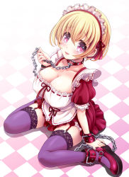 Rule 34 | 1girl, ankle cuffs, bdsm, blonde hair, blush, bondage, bound, breasts, chain, checkered floor, cleavage, collar, collarbone, cuffs, garter straps, highres, lace, lace-trimmed legwear, lace trim, large breasts, maid, maid headdress, mary janes, pink eyes, purple thighhighs, shoes, short hair, sitting, solo, thighhighs, v-mag, wariza, wrist cuffs
