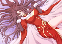Rule 34 | 1girl, bad id, bad pixiv id, black gloves, breasts, brown eyes, brown hair, cape, china dress, chinese clothes, cimon, cleavage cutout, clothing cutout, dress, from above, gloves, hades project zeorymer, hades project zeorymer omega, highres, large breasts, long hair, looking at viewer, lying, on back, parted bangs, parted lips, red dress, smile, solo, tara nobori, very long hair, white cape
