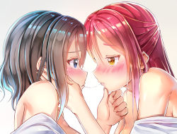 Rule 34 | 10s, 2girls, bad id, bad pixiv id, bare shoulders, black hair, blue eyes, blush, breasts, brown hair, closed mouth, eye contact, eyelashes, from side, grabbing another&#039;s chin, gradient background, grey background, hachinatsu, hair between eyes, half updo, hand on another&#039;s cheek, hand on another&#039;s chin, hand on another&#039;s face, looking at another, love live!, love live! sunshine!!, medium breasts, multiple girls, off shoulder, portrait, pout, profile, red hair, sakurauchi riko, saliva, saliva trail, short hair, tongue, tongue out, watanabe you, yellow eyes, yuri