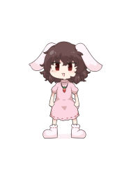 Rule 34 | 1girl, :3, animal ears, blackbad, brown hair, carrot necklace, commentary, dress, full body, highres, inaba tewi, jewelry, jitome, lop rabbit ears, medium hair, necklace, open mouth, pink dress, puffy short sleeves, puffy sleeves, rabbit ears, rabbit girl, rabbit tail, red eyes, short sleeves, simple background, solo, symbol-only commentary, tail, touhou, white background