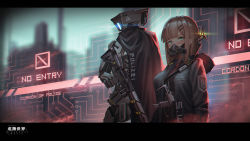 Rule 34 | 1girl, bad id, bad pixiv id, black cloak, black jacket, black shirt, blunt bangs, blush, breasts, cloak, commentary request, green eyes, gun, hair ornament, hairclip, highres, holding, holding gun, holding weapon, jacket, letterboxed, light brown hair, long hair, looking at viewer, mask, medium breasts, mouth mask, original, respirator, robot, science fiction, shirt, solo, translation request, upper body, weapon, weapon request, yurichtofen