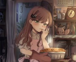 Rule 34 | 2girls, apron, bad id, bad pixiv id, bag, bars, black eyes, black hair, blush, book, bookshelf, brown hair, calendar (object), cat hair ornament, child, closed mouth, collared shirt, cooking, cup, curtains, drinking glass, female focus, flat chest, flour, food, frilled shirt, frilled sleeves, frills, fruit, gloves, grapes, green eyes, hair ornament, hairpin, half-closed eyes, hand up, happy, holding, holding food, indoors, jar, licking finger, long hair, looking down, multiple girls, nail polish, night, omu kichi, original, oven mitts, pie, pink apron, plant, potted plant, prisoner, purple nails, red gloves, shirt, short sleeves, single glove, skull, smile, solo focus, spoon, standing, steam, teapot, upper body, weighing scale, when you see it, white shirt, window