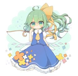 Rule 34 | 1girl, ascot, blue dress, bow, chibi, daiyousei, dress, fairy, fairy wings, flower, full body, green eyes, green hair, hair bow, side ponytail, solo, touhou, wings, yaco (nuitnotte), yellow ascot, yellow bow