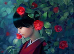 Rule 34 | 1girl, black hair, flower, from side, hajime (elan787), japanese clothes, kimono, leaf, original, profile, realistic, solo