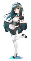 Rule 34 | 1girl, alternate costume, apron, asashio (kancolle), black footwear, black hair, blue eyes, blush, clothes lift, comah, dress, dress lift, enmaided, high heels, kantai collection, lifted by self, long hair, maid, maid apron, maid headdress, pantyhose, puffy short sleeves, puffy sleeves, short sleeves, simple background, smile, solo, white apron, white background, white pantyhose
