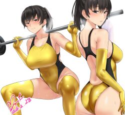 Rule 34 | 1girl, amagami, ass, barbell, bare shoulders, black eyes, black hair, black one-piece swimsuit, blush, breasts, closed mouth, commentary request, commission, competition swimsuit, covered navel, dated, elbow gloves, exercise, gloves, highleg, highleg swimsuit, highres, holding, holding towel, large breasts, looking at viewer, multiple views, one-piece swimsuit, parted lips, pixiv commission, ponytail, short hair, signature, simple background, squatting, steaming body, sweat, swimsuit, teeth, thighhighs, towel, tsukahara hibiki, turning head, two-tone swimsuit, weightlifting, white background, white towel, wiping sweat, yellow gloves, yellow one-piece swimsuit, yellow thighhighs, yoo tenchi