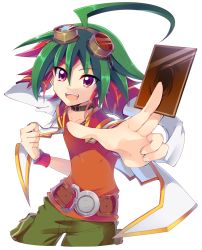 Rule 34 | 1boy, :d, ahoge, between fingers, cape, card, choker, clenched hand, dyed bangs, goggles, goggles on head, green hair, green pants, holding, holding card, male focus, multicolored hair, open mouth, pants, red hair, red shirt, rento (rukeai), sakaki yuya, shirt, short sleeves, smile, solo, spiked hair, star (symbol), white cape, yu-gi-oh!, yu-gi-oh! arc-v