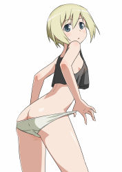 Rule 34 | 1girl, ass, bad id, bad pixiv id, blonde hair, blue eyes, crop top, crop top overhang, erica hartmann, from side, looking at viewer, midriff, no bra, open mouth, panties, panty pull, see-through, short hair, solo, strike witches, tank top, underwear, white background, world witches series, yuuki maya