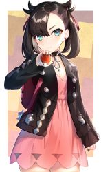 Rule 34 | 1girl, backpack, bag, black choker, black hair, black jacket, breasts, choker, closed mouth, commentary request, cowboy shot, creatures (company), dress, earrings, game freak, green eyes, hair between eyes, hair ribbon, hakuishi aoi, highres, holding, holding poke ball, jacket, jewelry, long hair, looking at viewer, marnie (pokemon), nintendo, open clothes, open jacket, pink dress, poke ball, poke ball (basic), pokemon, pokemon swsh, red ribbon, ribbon, small breasts, smile, solo, thigh gap, twintails
