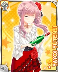 Rule 34 | 1girl, :d, alcohol, breasts, card, character name, dress, european clothes, closed eyes, flower, girlfriend (kari), hair ornament, looking at object, medium breasts, medium hair, official art, open mouth, pink hair, purple eyes, qp:flapper, red dress, rose, shirt, smile, solo, tagme, teacher, white shirt, wine, yellow background, yutenji yayoi