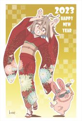 Rule 34 | 1girl, 2023, :d, ahoge, animal ears, artist name, bandaid, bandaid on cheek, bandaid on face, bandaid on nose, black footwear, chinese zodiac, commentary request, do it yourself!!, english text, fake animal ears, fang, furisode, grey socks, hammer, happy new year, japanese clothes, kimono, leaning to the side, looking at another, meat (do it yourself!!), motion lines, new year, obi, official art, open mouth, outline, partial commentary, pig, print kimono, rabbit ears, rabbit pose, red eyes, red kimono, sandals, sash, shadow, short hair, signature, skin fang, smile, socks, solo, standing, standing on one leg, tabi, white outline, wrench, year of the rabbit, yellow background, yua serufu, zouri