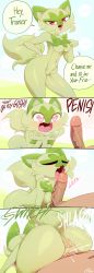 Rule 34 | 1boy, 1girl, 4koma, :3, absurdres, animal ears, animal nose, anus, artist name, ass, bent over, blue sky, blush, blush stickers, body fur, breasts, cat ears, cat girl, cat tail, closed eyes, cloud, comic, creatures (company), day, drooling, english text, erection, fang, fangs, fellatio, from behind, fur trim, furry, furry female, furry with non-furry, game freak, girl on top, grass, green fur, groin, half-closed eyes, hand on own hip, hand up, hands up, happy, heart, heart-shaped pupils, highres, huge ass, interspecies, licking, licking penis, looking at viewer, medium breasts, motion blur, mrploxykun, multiple views, navel, nintendo, no nipples, nude, open mouth, oral, outdoors, own hands together, paw pose, penis, penis awe, personification, pink eyes, poke ball symbol, pokemon, pokemon (creature), pokephilia, pussy juice, red eyes, saliva, sex, shiny skin, signature, sky, slit pupils, smile, speech bubble, sprigatito, standing, stomach, symbol-shaped pupils, tail, talking, thick thighs, thighs, tongue, tongue out, two-tone fur, u u, uncensored, vaginal, veins, veiny penis, wide-eyed, wide hips