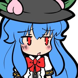 Rule 34 | 1girl, blue hair, blush, bow, eruru (erl), female focus, food, fruit, hat, highres, hinanawi tenshi, leaf, long hair, open mouth, peach, red eyes, short sleeves, simple background, solo, touhou, very long hair