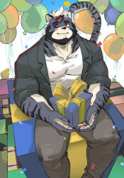 Rule 34 | 1boy, animal ears, balloon, bara, beard, box, facial hair, feet out of frame, furry, furry male, gift, gift box, highres, holding, holding gift, large pectorals, male focus, mismatched pupils, mismatched sclera, muscular, muscular male, original, oversized object, pectorals, short hair, sitting, smile, solo, tail, thick eyebrows, tiger boy, tiger ears, tiger tail, white fur, whowoe