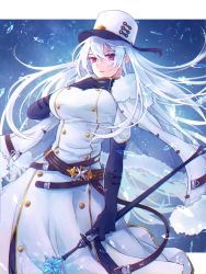 Rule 34 | 1girl, azur lane, belt, black gloves, breasts, coat, commentary, double-breasted, elbow gloves, fur-trimmed coat, fur trim, gloves, hand on own chest, hat, highres, holding, holding scepter, jacket, jacket on shoulders, large breasts, long hair, looking at viewer, multiple belts, parted lips, red eyes, scepter, shichijou natori, solo, sovetskaya rossiya (azur lane), white hair